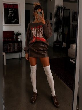 BDG Stella Cowboy Boot Graphic Distressed Oversized Pullover Sweater Brown Boots